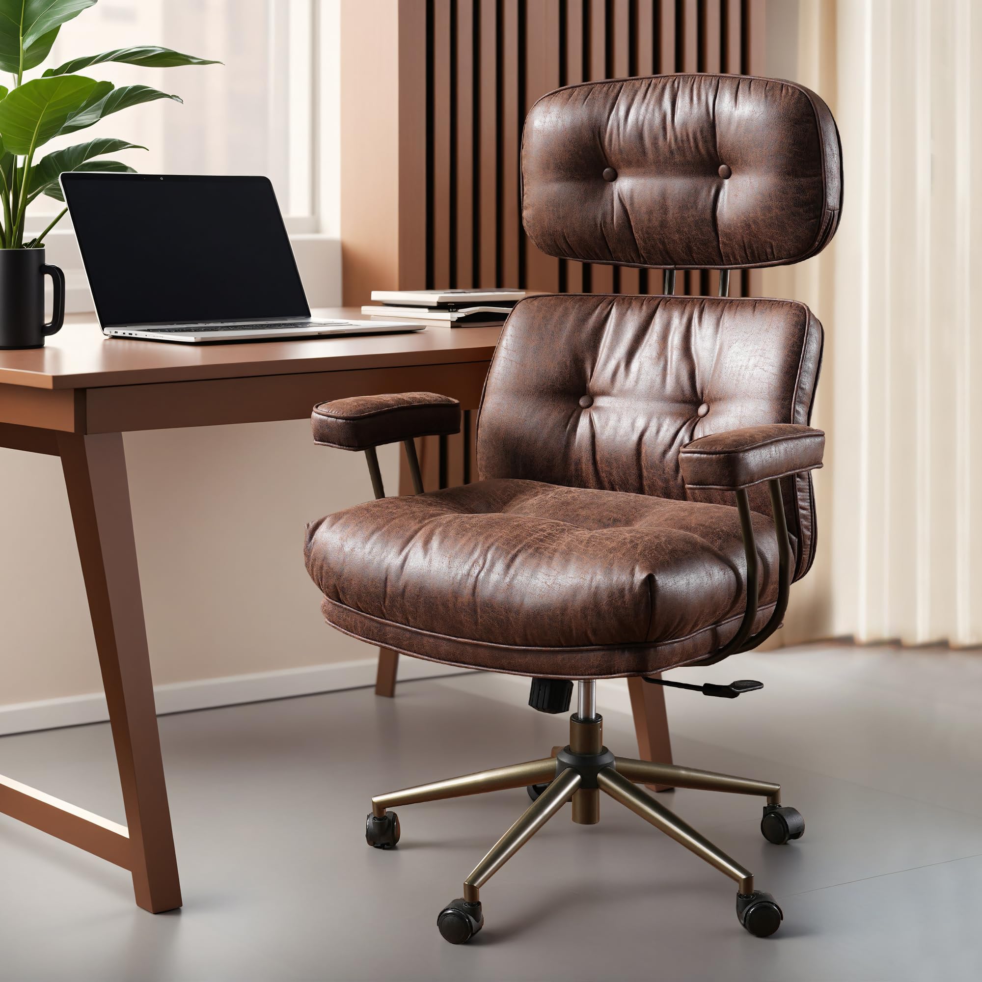 Ergonomic Office Chair, High Back Faux Leather Executive Chairs with Thick Cushion, Comfy Mid-Century Modern Swivel Rolling Computer Armchair (Dark Brown, Suede Leather)