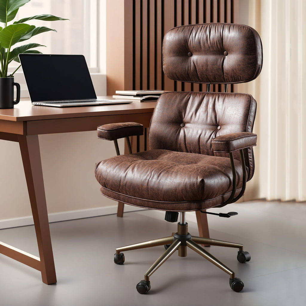 Ergonomic Office Chair, High Back Faux Leather Executive Chairs with Thick Cushion, Comfy Mid-Century Modern Swivel Rolling Computer Armchair (Dark Brown, Suede Leather)