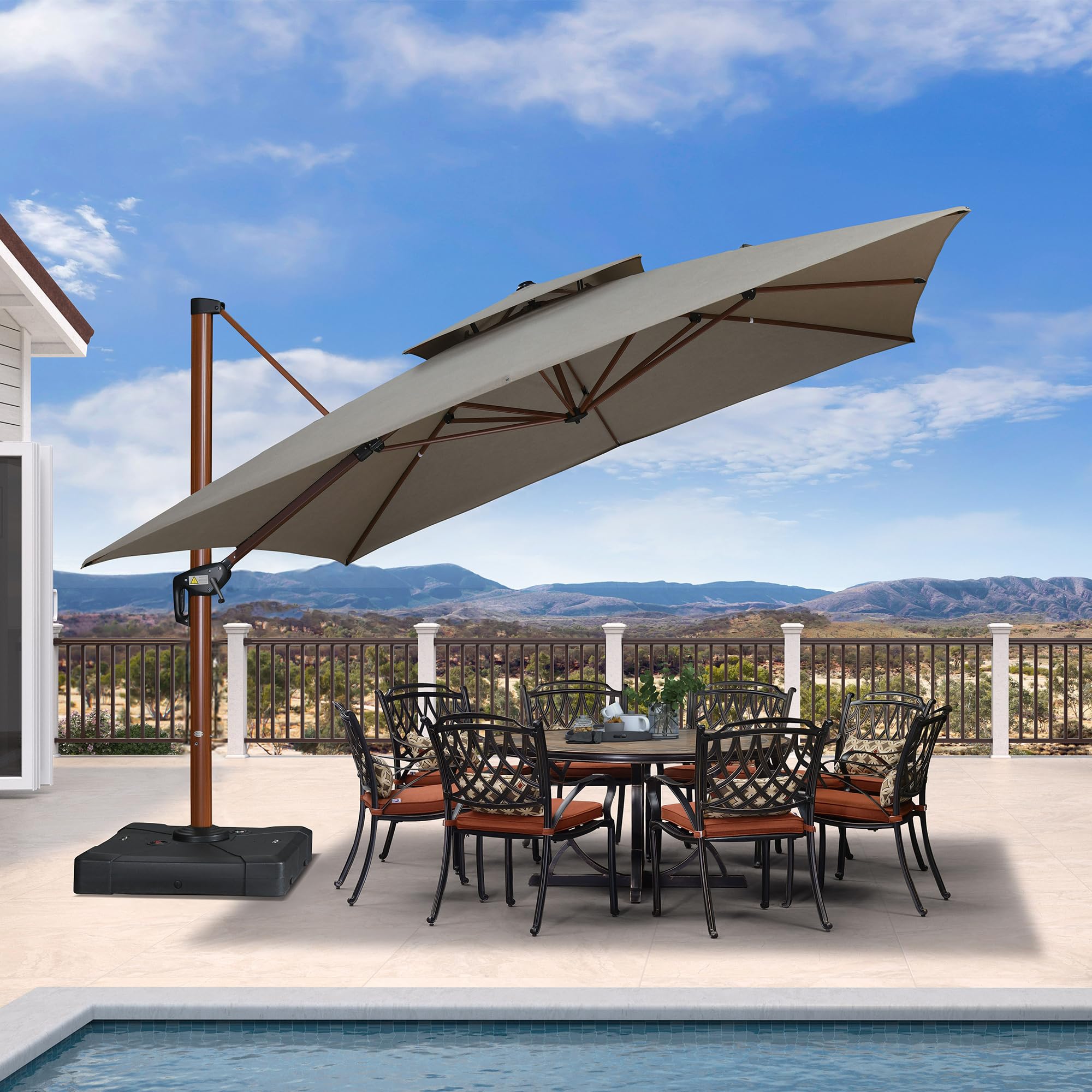 12' X 12' Patio Large Cantilever Umbrella Outdoor Square Wood Umbrellas Offset Umbrella Heavy Duty Sun Umbrellas for Garden Deck Pool, Heather Taupe