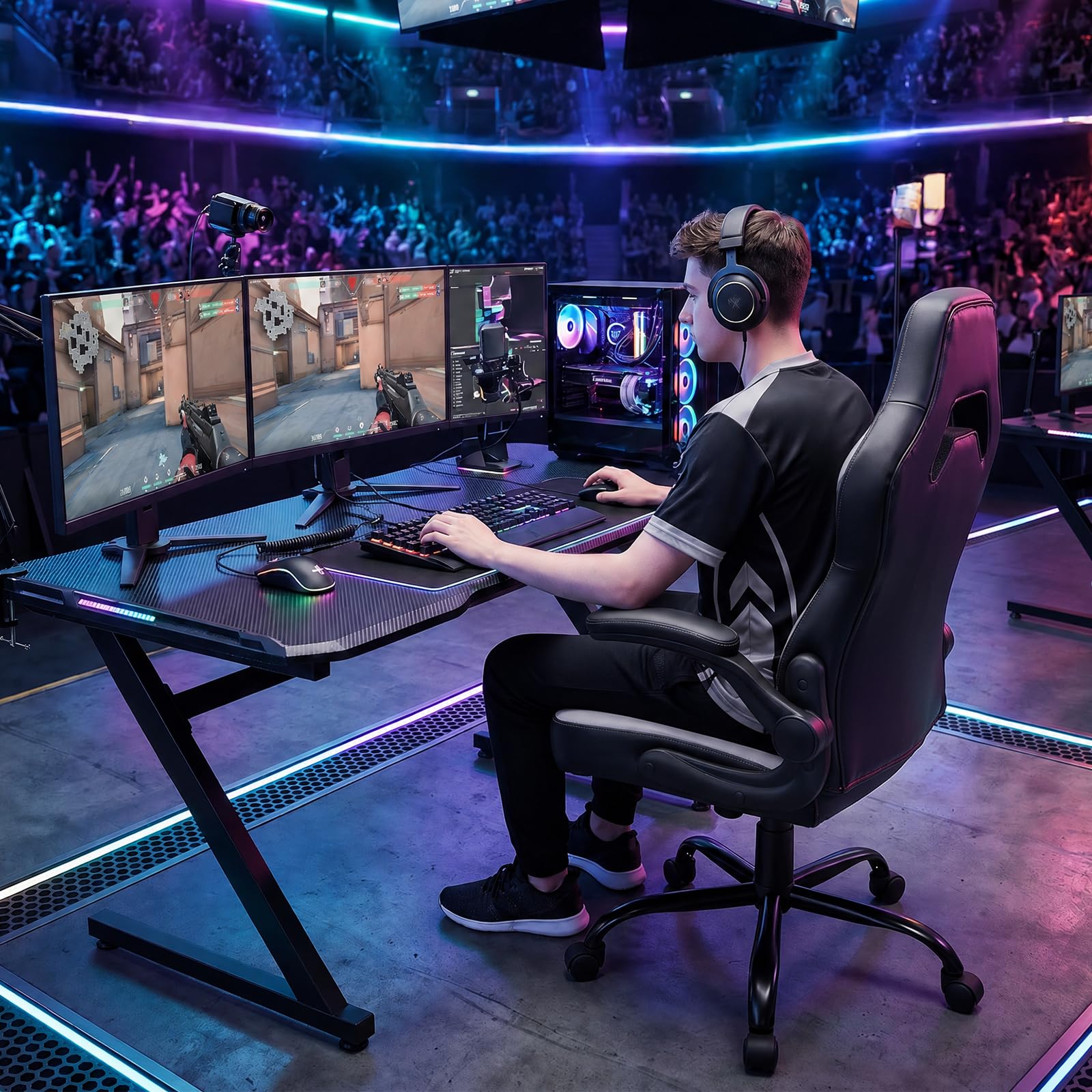Computer Video Game Desk Chair - Ergonomic Comfy Lumbar Support, PU Leather with Flip-up Armrest, Height Adjustable and 360° Swivel, for Adults, Black Grey