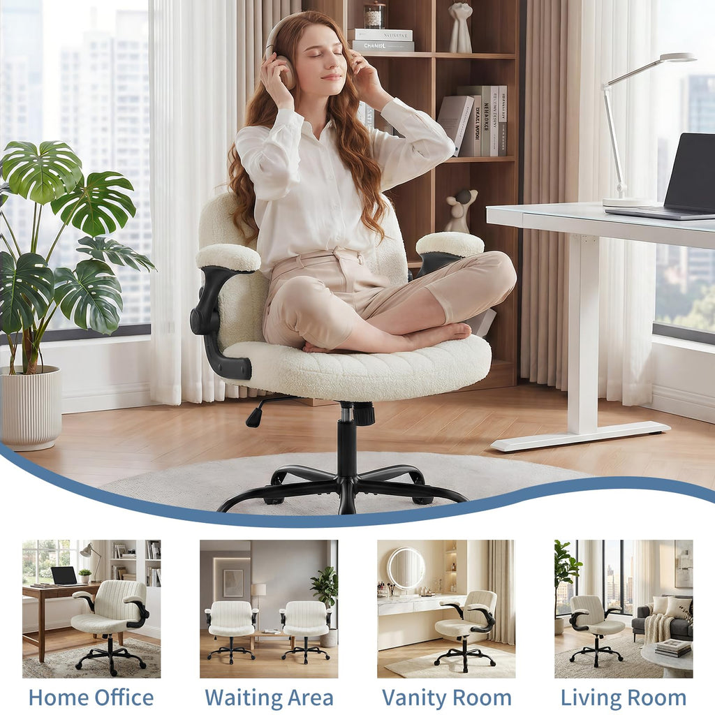 Criss Cross Home Office Chair with Wheels, Wide Cross Legged Desk Vanity Chair Comfy Fabric Flip-Up Armrests Adjustable Swivel Chairs for Home Computer Bedroom, Beige