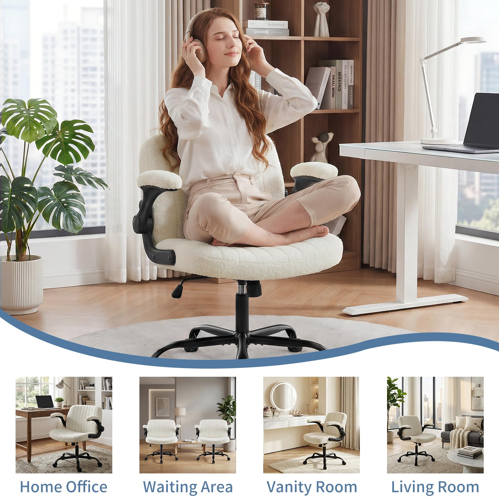 Criss Cross Home Office Chair with Wheels, Wide Cross Legged Desk Vanity Chair Comfy Fabric Flip-Up Armrests Adjustable Swivel Chairs for Home Computer Bedroom, Beige
