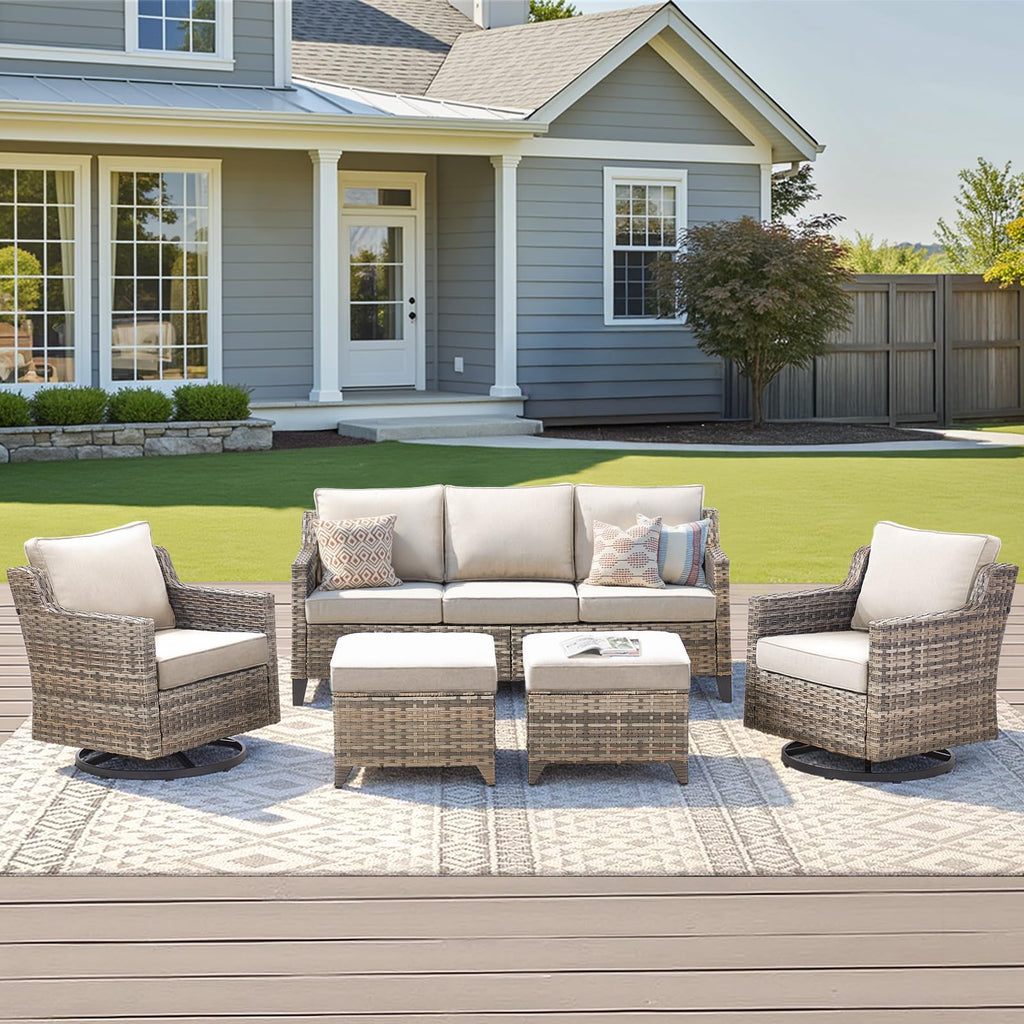 Outdoor Patio Furniture Set-5 Pieces All-Weather Wicker Outdoor Furniture with Swivel Patio Chairs Outdoor Patio Conversation Sets for Garden Porch Deck Grey/Beige