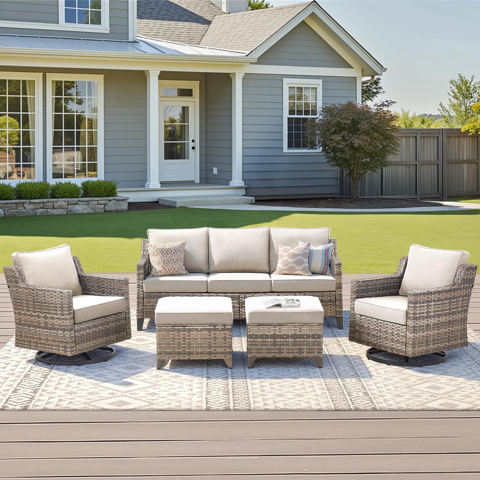 Outdoor Patio Furniture Set-5 Pieces All-Weather Wicker Outdoor Furniture with Swivel Patio Chairs Outdoor Patio Conversation Sets for Garden Porch Deck Grey/Beige