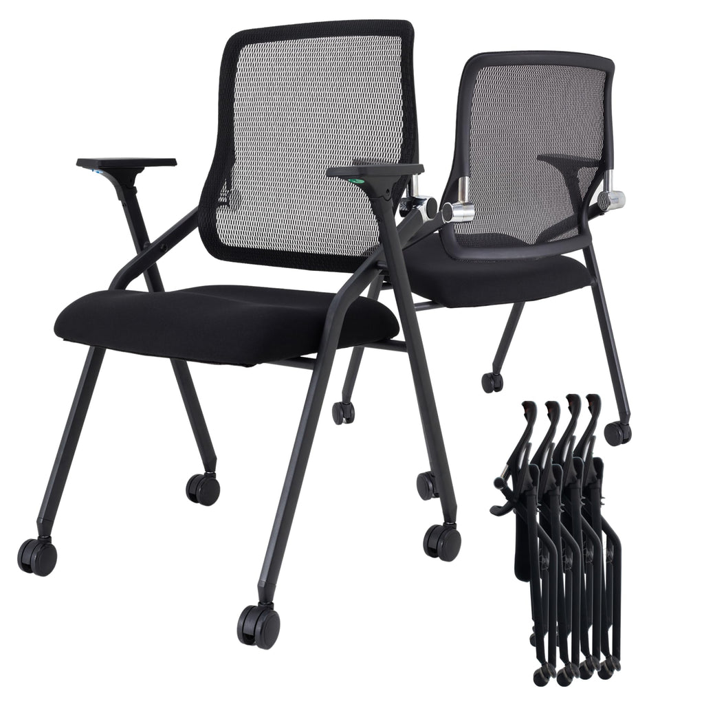 4 Pack Stackable & Foldable Conference Room Chairs with Lumbar Support, Armrest - Ergonomic Mesh Bouncing Back for Office Meeting, Conference, Reception and Training Room Chair