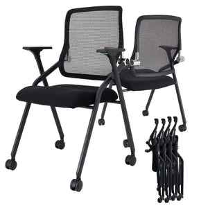 4 Pack Stackable & Foldable Conference Room Chairs with Lumbar Support, Armrest - Ergonomic Mesh Bouncing Back for Office Meeting, Conference, Reception and Training Room Chair