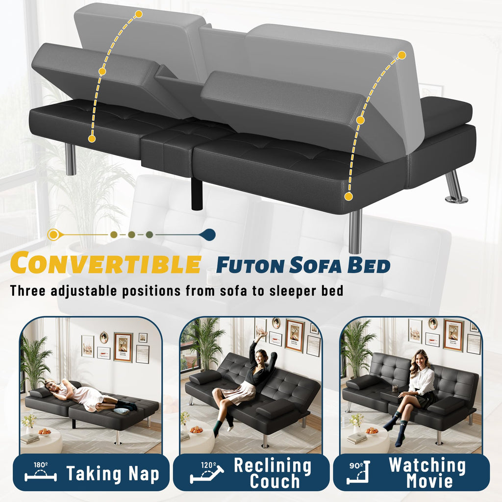 Sofa Bed Adjustable Futon Couch Sleeper Sofa Bed for Living Room, Business Office, Recliner Sofas with Cup Holders (PU Leather, Black)