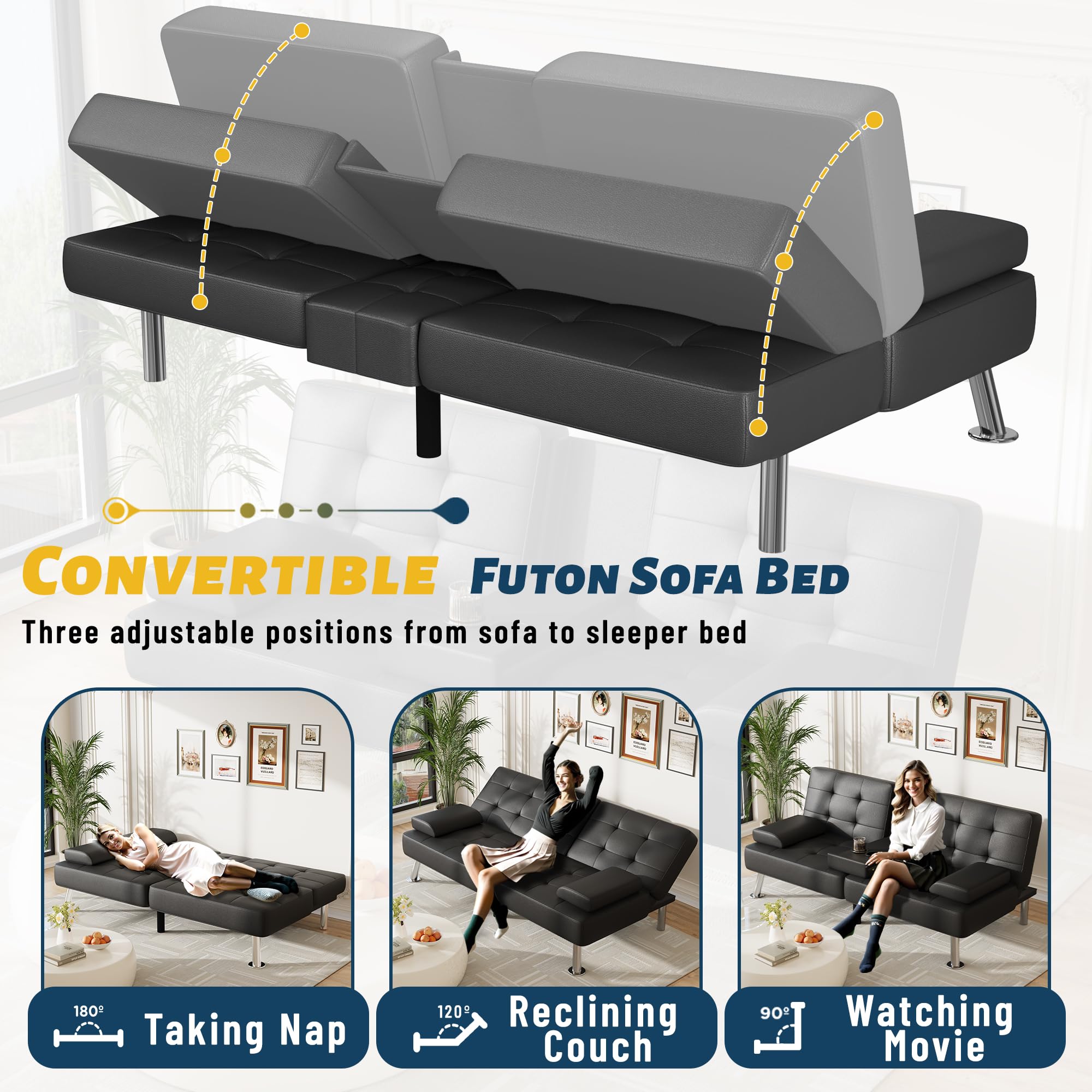 Sofa Bed Adjustable Futon Couch Sleeper Sofa Bed for Living Room, Business Office, Recliner Sofas with Cup Holders (PU Leather, Black)