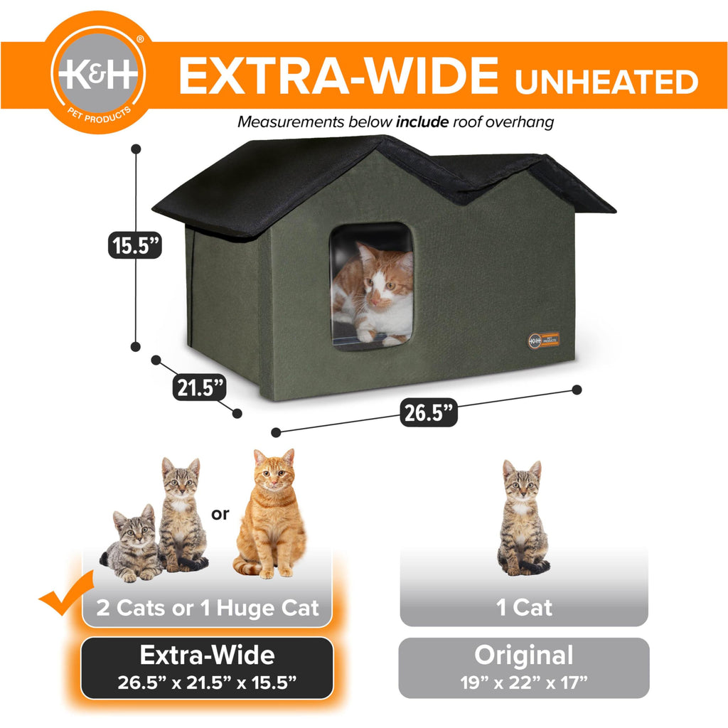 Extra-Wide Outdoor Cat House for Outside Pets, Weatherproof Outdoor House for Large Cats, Insulated Kitty Shelter, 2 Doors, Waterproof Removable Floor Pad, Unheated - Olive