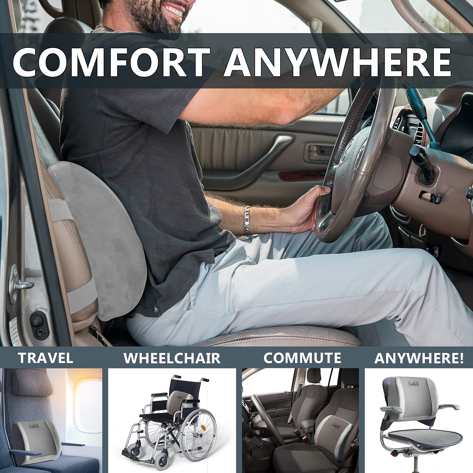 Lumbar Support Back Pillow Office Chair and Car Seat Cushion - Memory Foam with Adjustable Strap and Breathable 3D Mesh (Gray)
