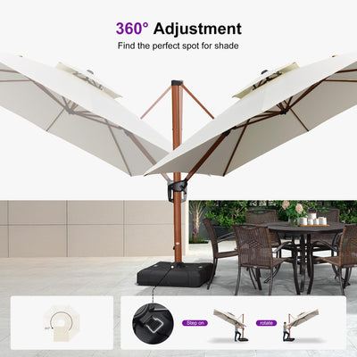 9' X 12' Double Top Deluxe Wood Pattern Rectangle Patio Umbrella Offset Hanging Umbrella Outdoor Market Umbrella Garden Umbrella, Cream