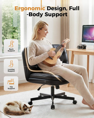 Cross Legged Office Chair with Wheels Armless Office Desk Chair, Modern Vanity Computer Task Chairs for Home Bedroom, Comfortable Wide Seat for Lower Back Pain Relief, PU Leahter, Black