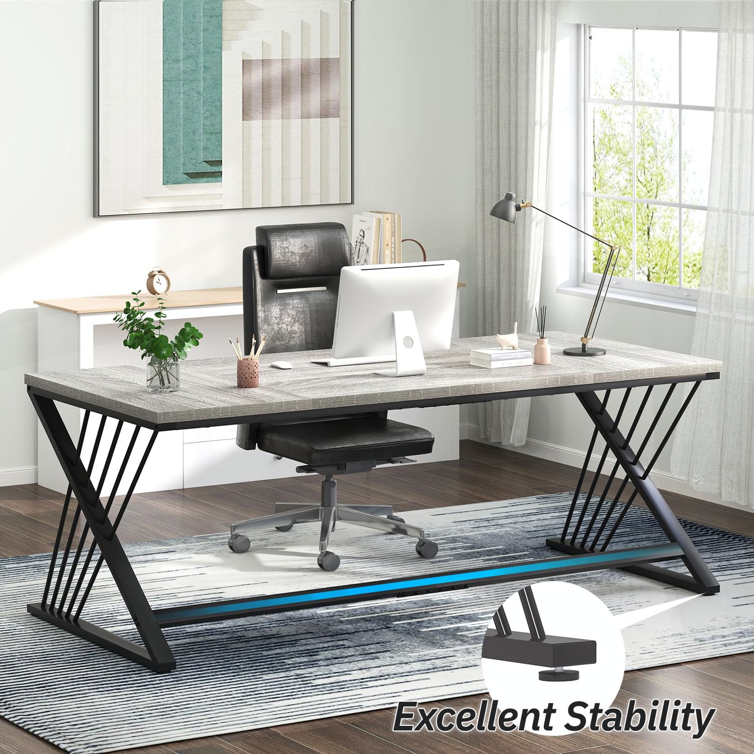 70.9" Industrial Computer Desk with Z-Shaped Legs, Modern Home Office Desk for 2 Person, Large Gaming Executive Workstation Study Table for Bedroom Writing, Light Grey