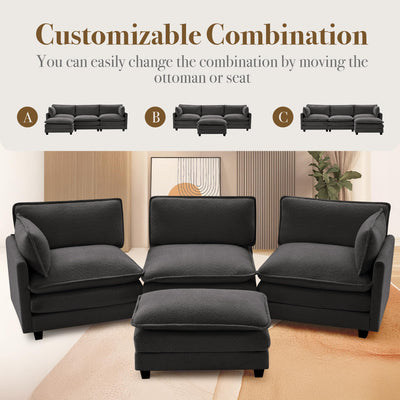 112'' Sectional Cloud Couch with Movable Ottoman, 4 Seat Modern Chenille Modular Sofa with 2 Throw Pillows, Deep Seat L Shaped Couch for Living Room Bedroom Apartment, Dark Grey