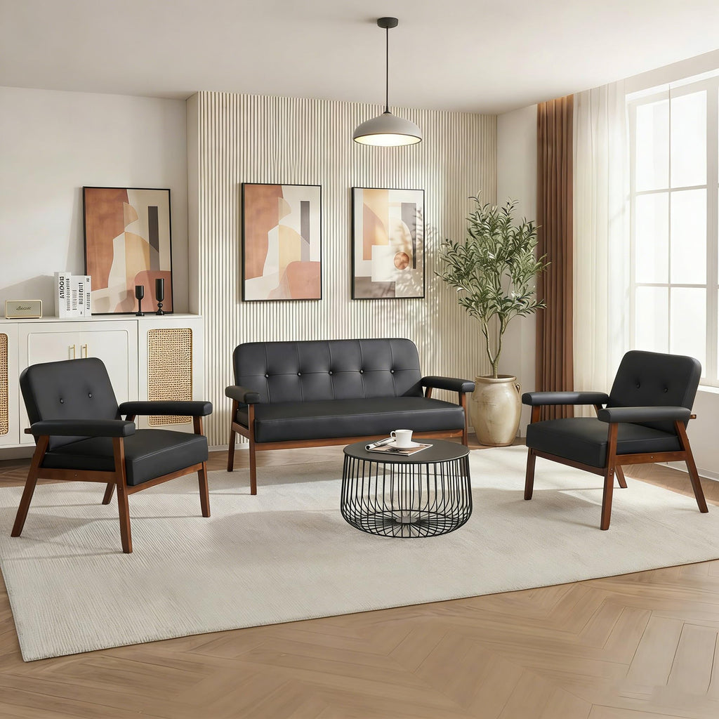 50”W Black Faux Leather Small Office Couch Loveseat Sofa with Wood Arms, Mid Century Modern Love Seat Sofas Lounge Armchair Living Room Bedroom (Black (loveseat))