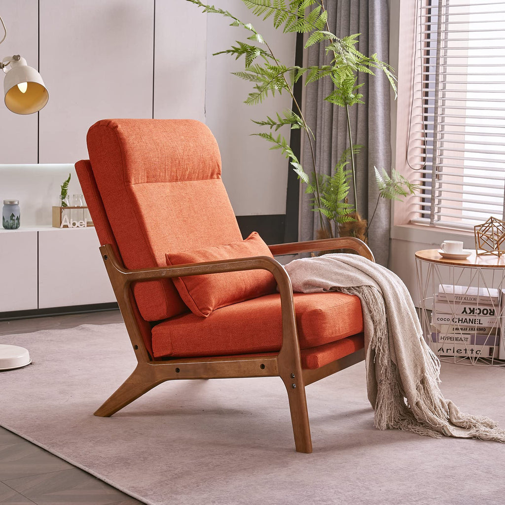 High Back Linen Burnt Orange Mid Century Modern Accent Chair, Soild Wood Padding Lounge Armchairs Side Sitting Chairs for Living Room, Bedroom, Guest Room