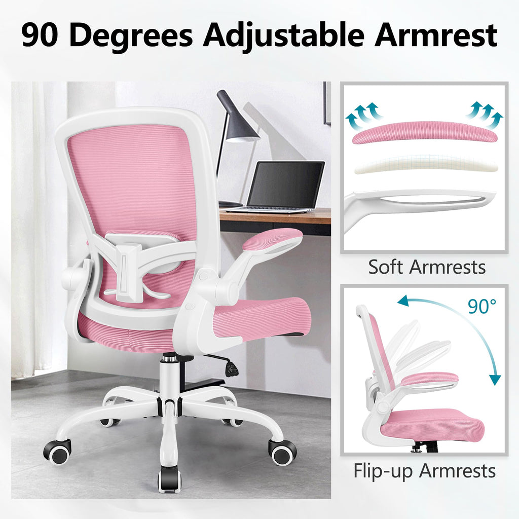 Office Chair, Ergonomic Desk Chair Breathable Mesh Chairs Adjustable High Back Lumbar Support Flip-up Armrests, Executive Rolling Swivel Comfy Computer Chairs Home Office Pink