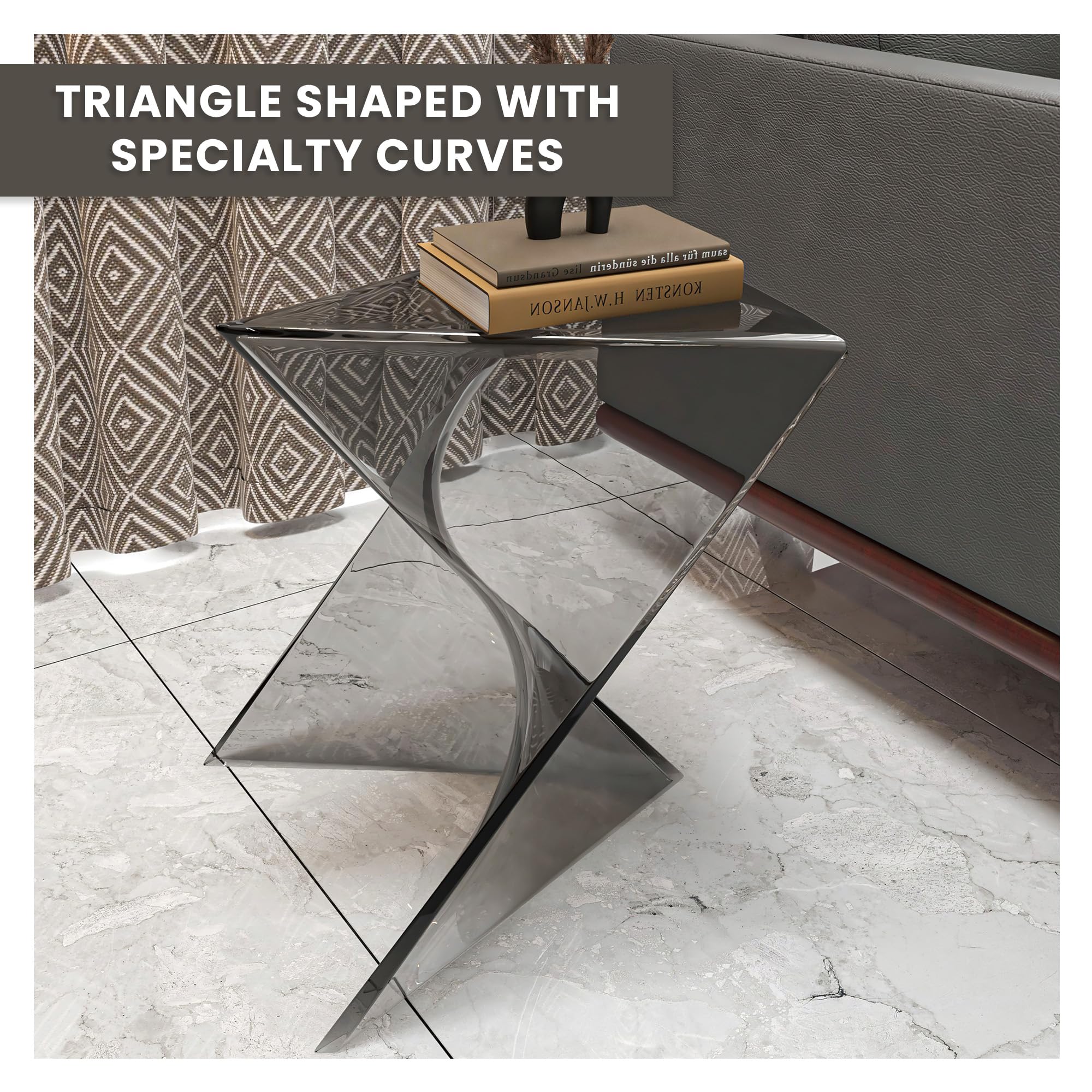 15.75" Triangular Side Table, Stackable Plastic Accent End Table for Indoor & Outdoor Use, Weather-Resistant Modern Patio & Living Room Table, Set of 4, Smoke