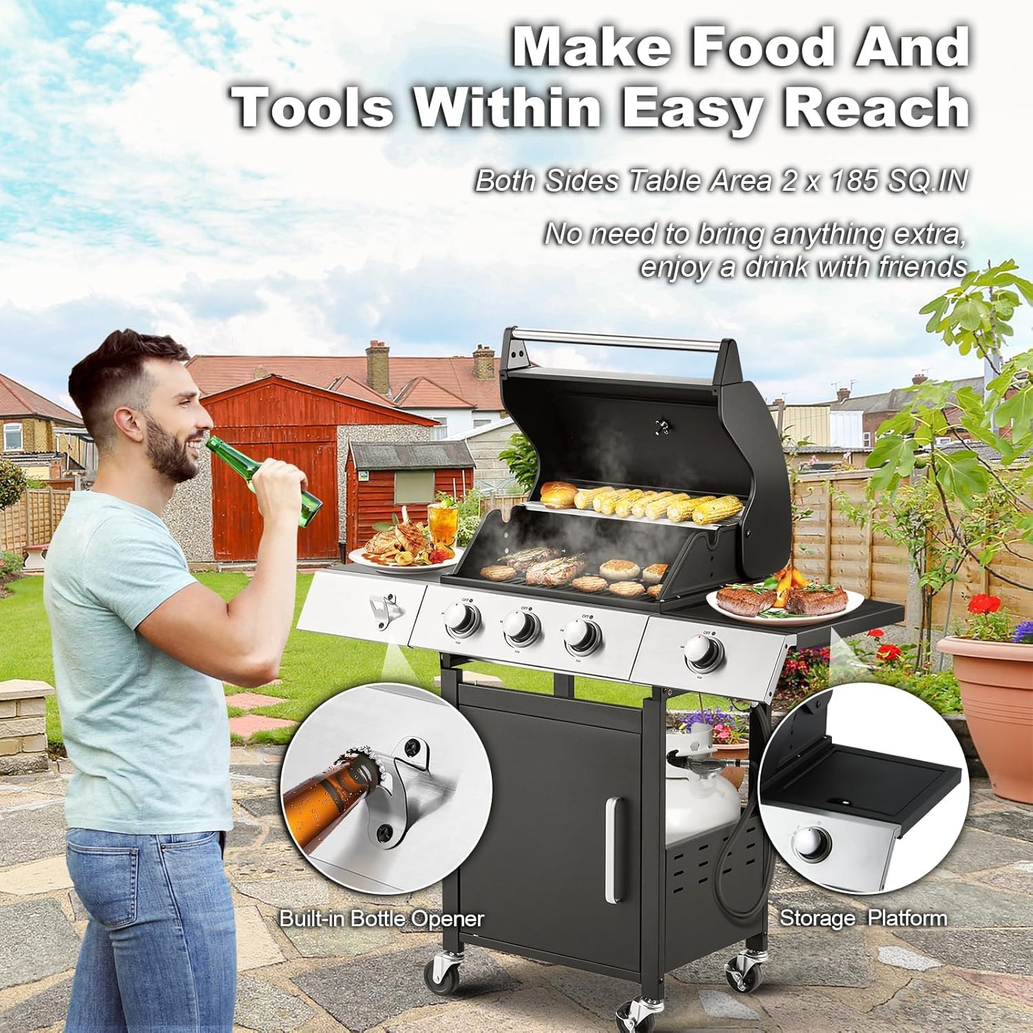 Upgraded 36,000 BTU Stainless Steel Burner Barbecue Grill, 3 Burner BBQ Propane Gas Grill with Cast Iron Grates & Side Stove for Patio, Camping, Outdoor Cooking