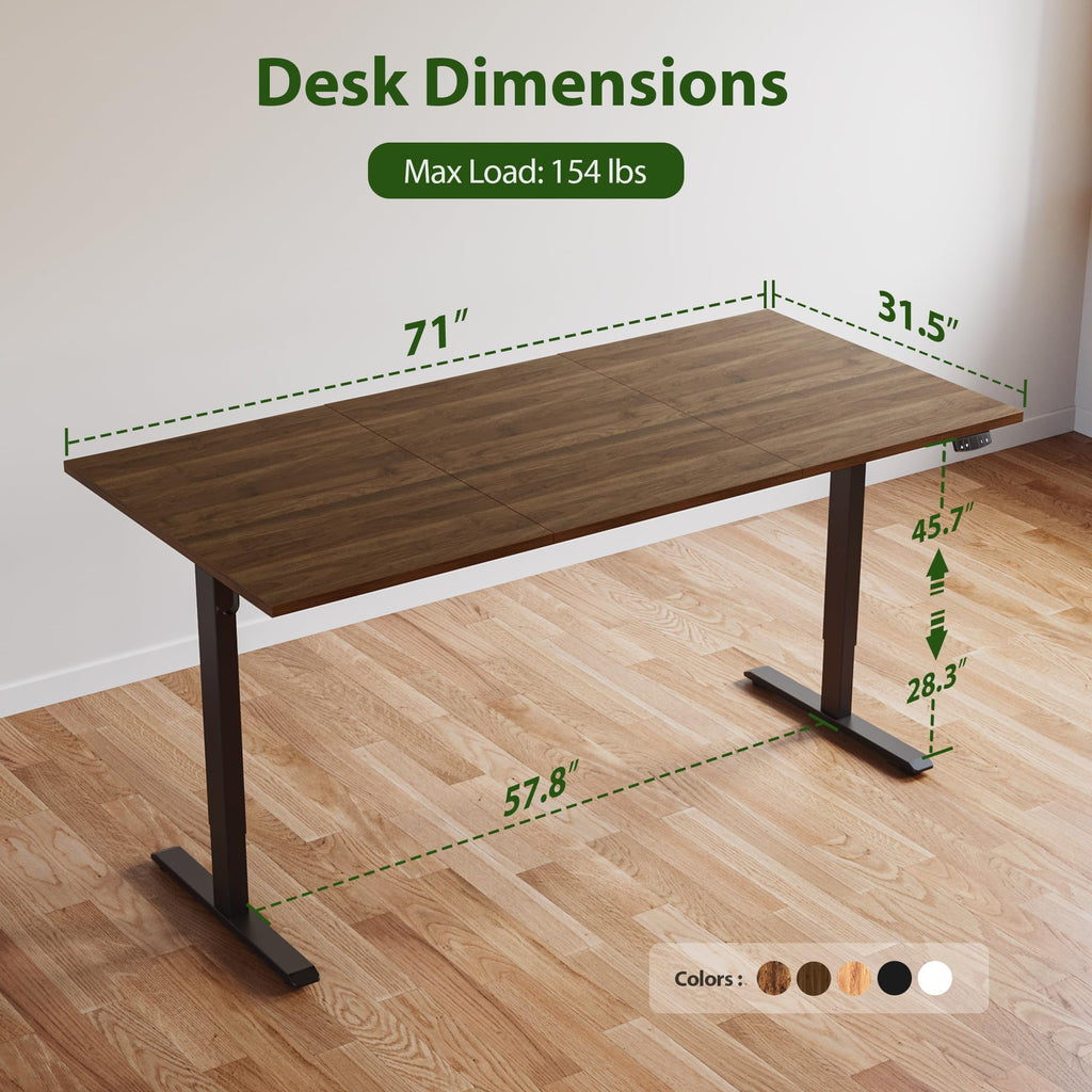 Electric Standing Desk, 71 x 31.5 Inches Height Adjustable Desk, Sit Stand up for Work Office Home, Ergonomic Rising Computer Table with Memory Preset, Dark Walnut