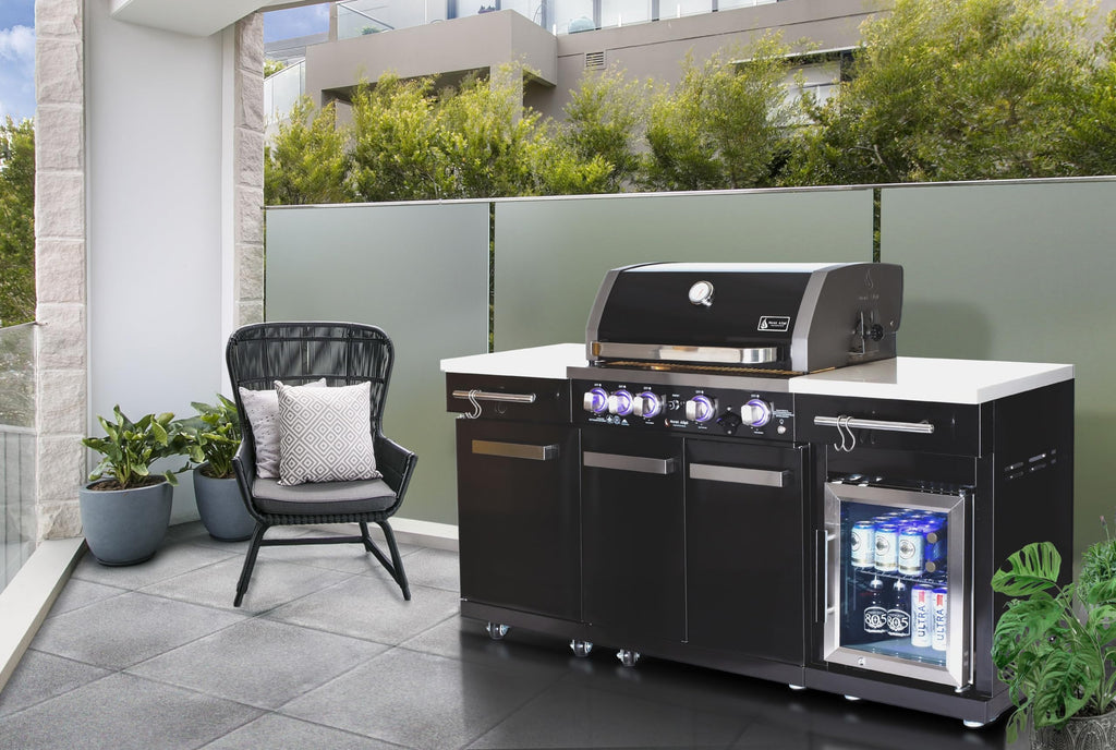 Premium 70"W x 24"D Black Stainless Steel Compact Outdoor Kitchen Island with Refrigerator + 32"W 4-Burner BBQ Grill with Infrared Rotisserie Burner + Storage Cabinets + Granite Countertops