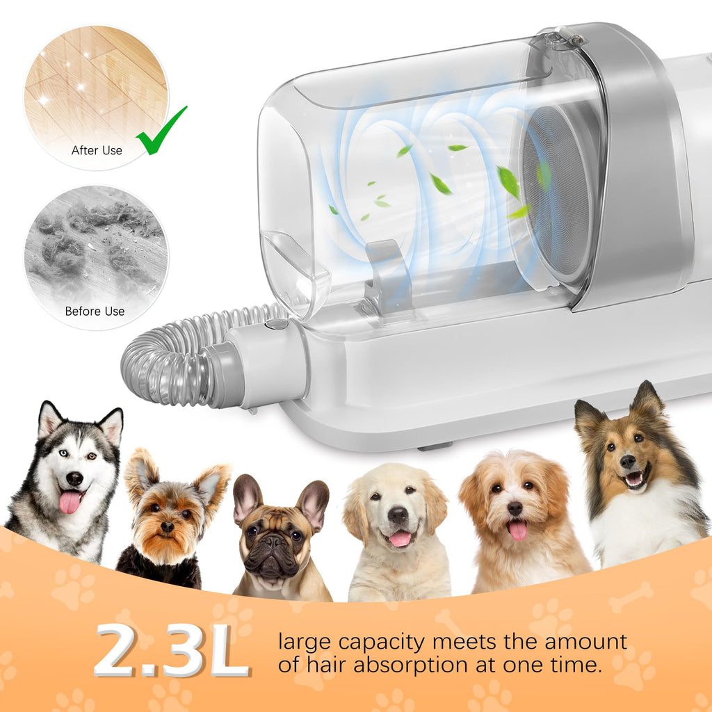 Dog Grooming Vacuum, Pet Grooming Vacuum Kit 2.3L Suction 99% Pet Hair with 5 Tools for Dog Cat for Shedding Grooming, Low Noise (Grey & White)