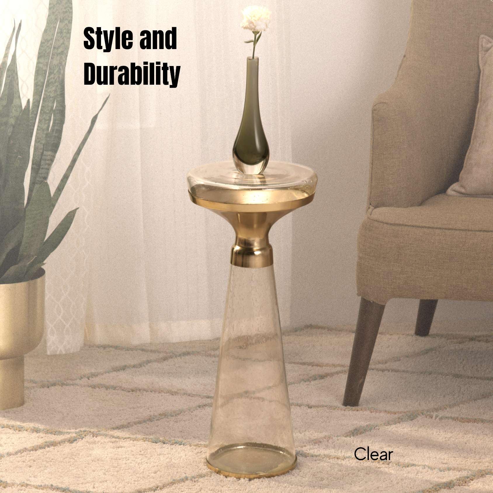 Modern Decorative Round Drink Table with Glass Base and Top with Gold Metal Accent, Martini, Gold Pedestal Table, Tall Side Table, Small Space end Table, for Living Room & Bedroom, Clear,Assembled