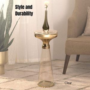 Modern Decorative Round Drink Table with Glass Base and Top with Gold Metal Accent, Martini, Gold Pedestal Table, Tall Side Table, Small Space end Table, for Living Room & Bedroom, Clear,Assembled