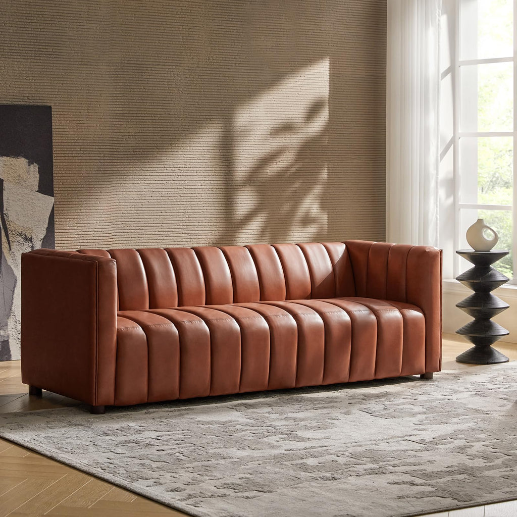 83" Genuine Leather Sofa with Channel Tufted Design, 3-Seater Sofa for Living Room Bedroom, Modern Oversized Couch with Wood Legs, Brown