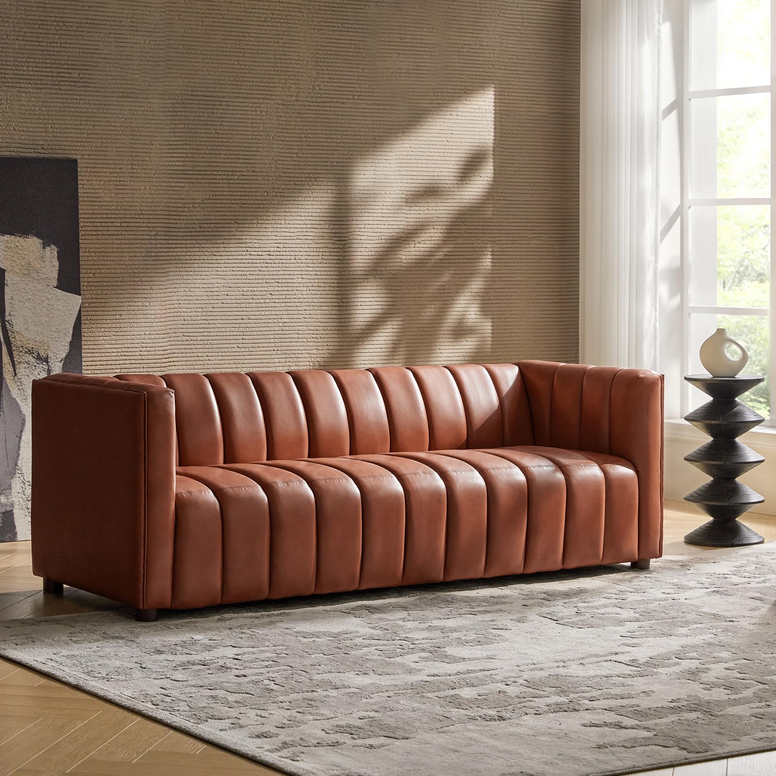 83" Genuine Leather Sofa with Channel Tufted Design, 3-Seater Sofa for Living Room Bedroom, Modern Oversized Couch with Wood Legs, Brown