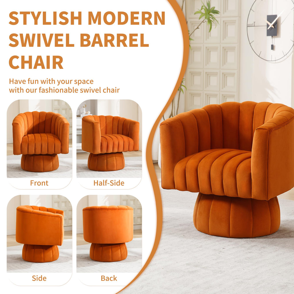 Swivel Accent Barrel Chair, Cute Comfy Small Round 360° Arm Chair, Velvet Sofa Club Reading Chair for Living Room, Bedroom, Office, Orange