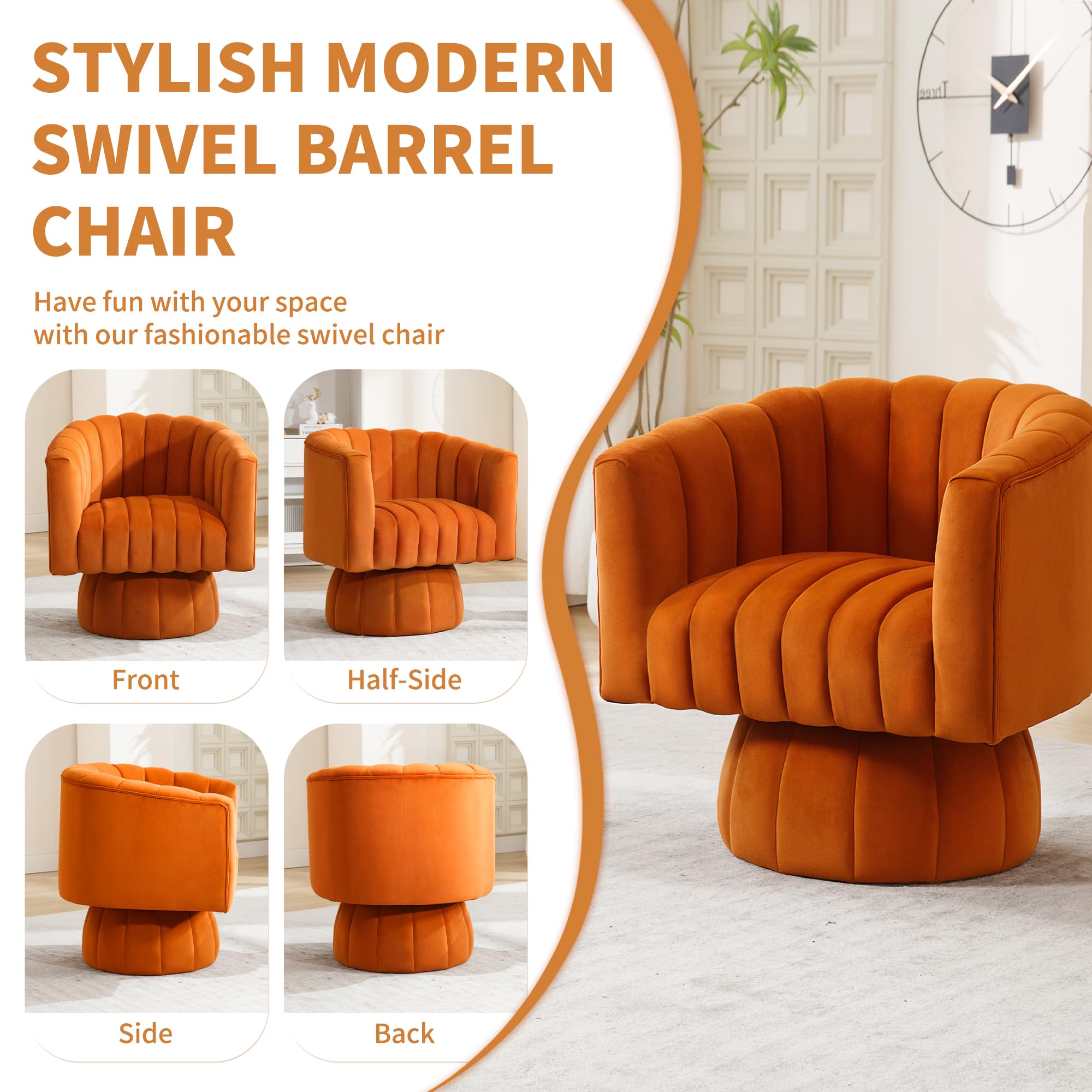 Swivel Accent Barrel Chair, Cute Comfy Small Round 360° Arm Chair, Velvet Sofa Club Reading Chair for Living Room, Bedroom, Office, Orange