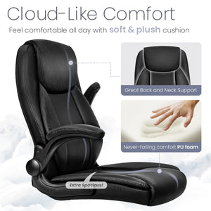 Ergonomic Office Chair Executive Computer Desk Chair Gaming High Back Support Comfy Seat Flip-up Arms Adjustable Height Swivel Rolling Wheels PU Leather for Home (Dark Black)