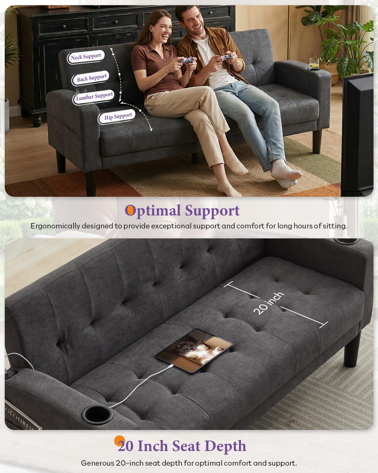 Sofa Couch, Living Room Furniture Sectional Sofa Sets of 3 Pcs, Tufted Mid-Century Loveseat w/USB, Cupholders & Comfy Single Sofa for Small Space, Apartment, Office (Dark Grey)