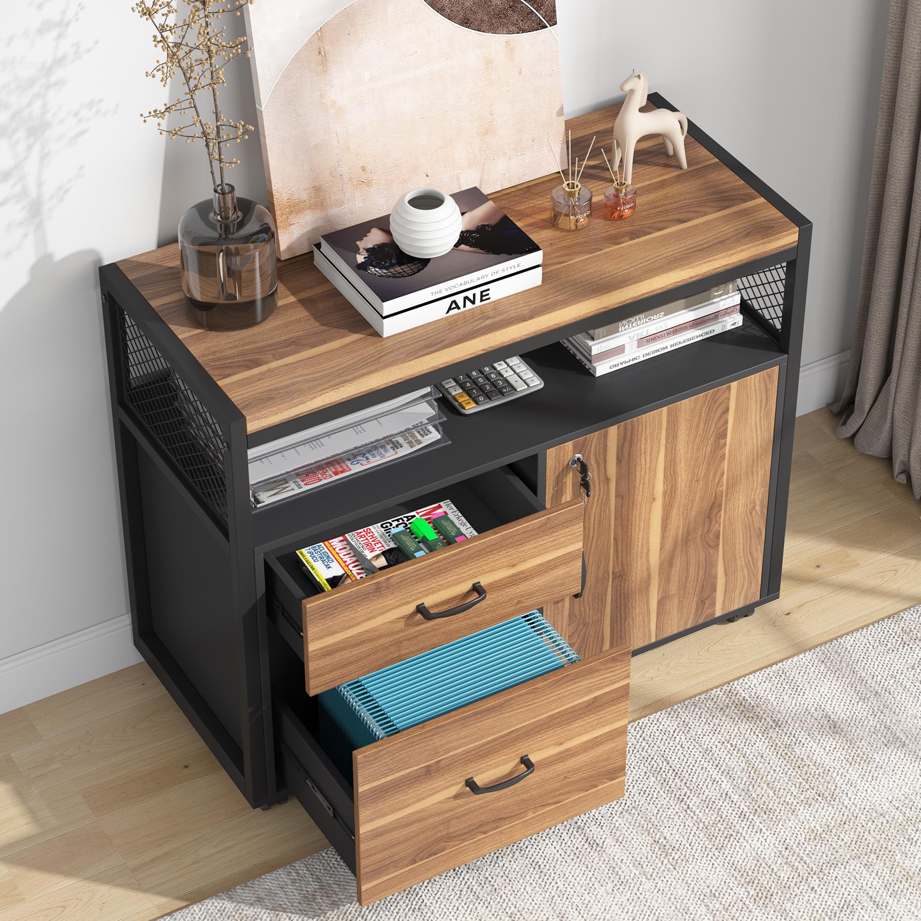63" L Shaped Desk with Drawer Cabinet, Executive Computer Desk and lateral File Cabinet, 2 Piece Home Office Furniture with Drawers for Hanging File, Doors with Locks (Brown, 63 inches)