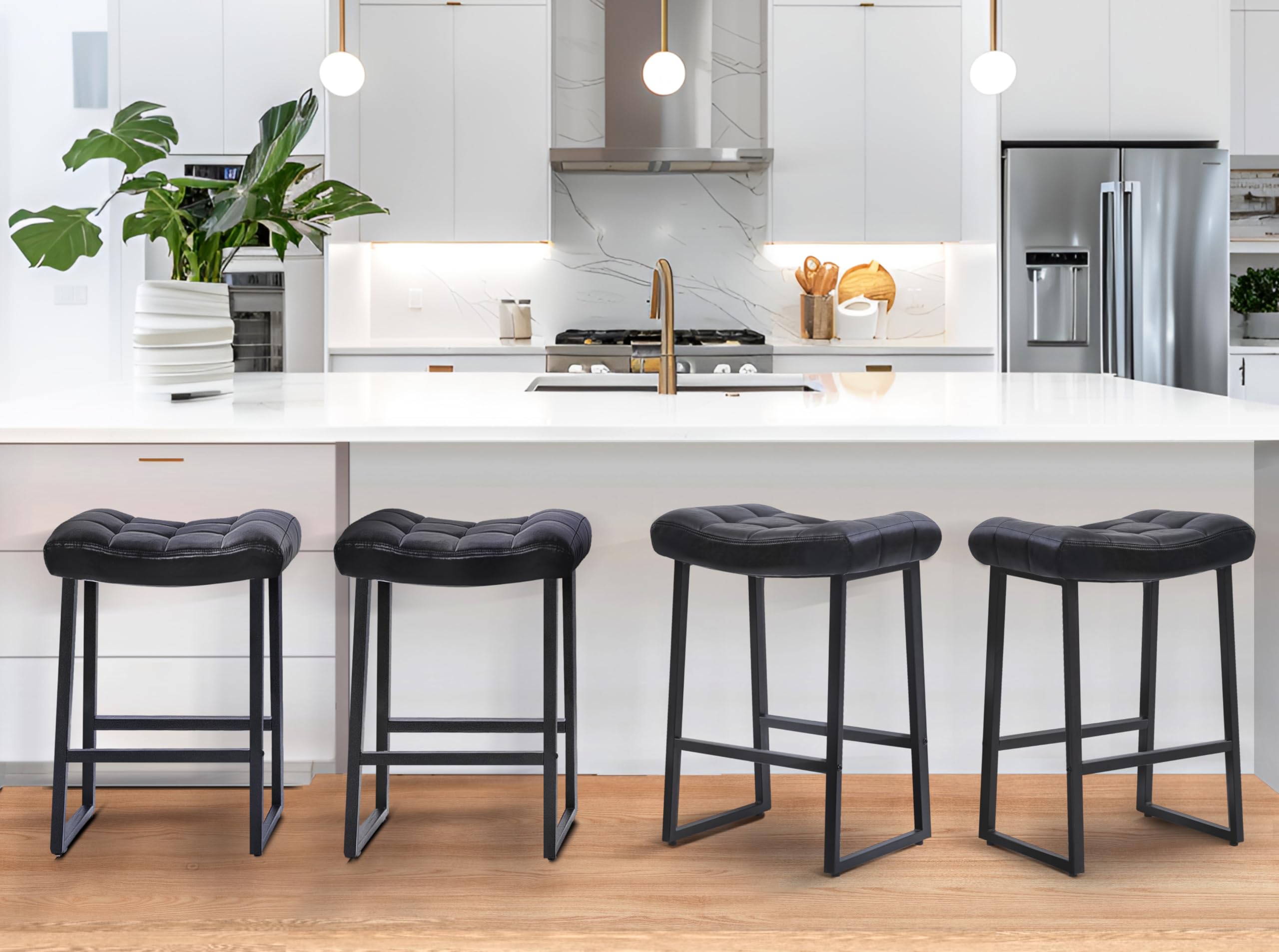 Black Bar Stools Set of 4 for Kitchen Island Counter Height Stools Modern Backless Barstools with Upholstered Faux Leather Saddle Seat and Metal Frame Industrial Bar Chairs, 24 inch