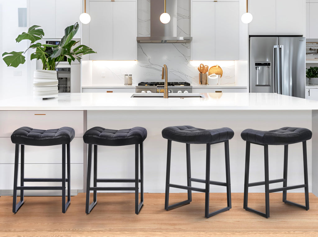 Black Bar Stools Set of 4 for Kitchen Island Counter Height Stools Modern Backless Barstools with Upholstered Faux Leather Saddle Seat and Metal Frame Industrial Bar Chairs, 24 inch