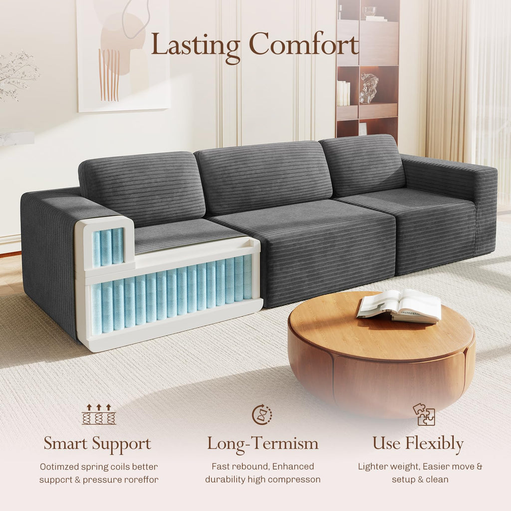 119" Modular Sectional Sofa, Corduroy Cloud Couch with Deep Seating & Spring Support, 3 Seater Flexible Layout Sofa, Boneless Couch for Living Room & Apartment, No Assembly Required, Grey