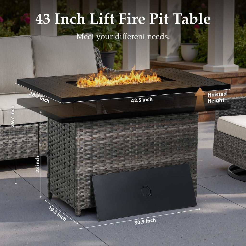 Patio Furniture Set with 42.5" Fire Pit Table-6 Pieces All Weather Wicker Outdoor Furniture with High Back Swivel Patio Chairs Set of 2 Outdoor Couch for Deck Balcony Backyard Beige/Gray