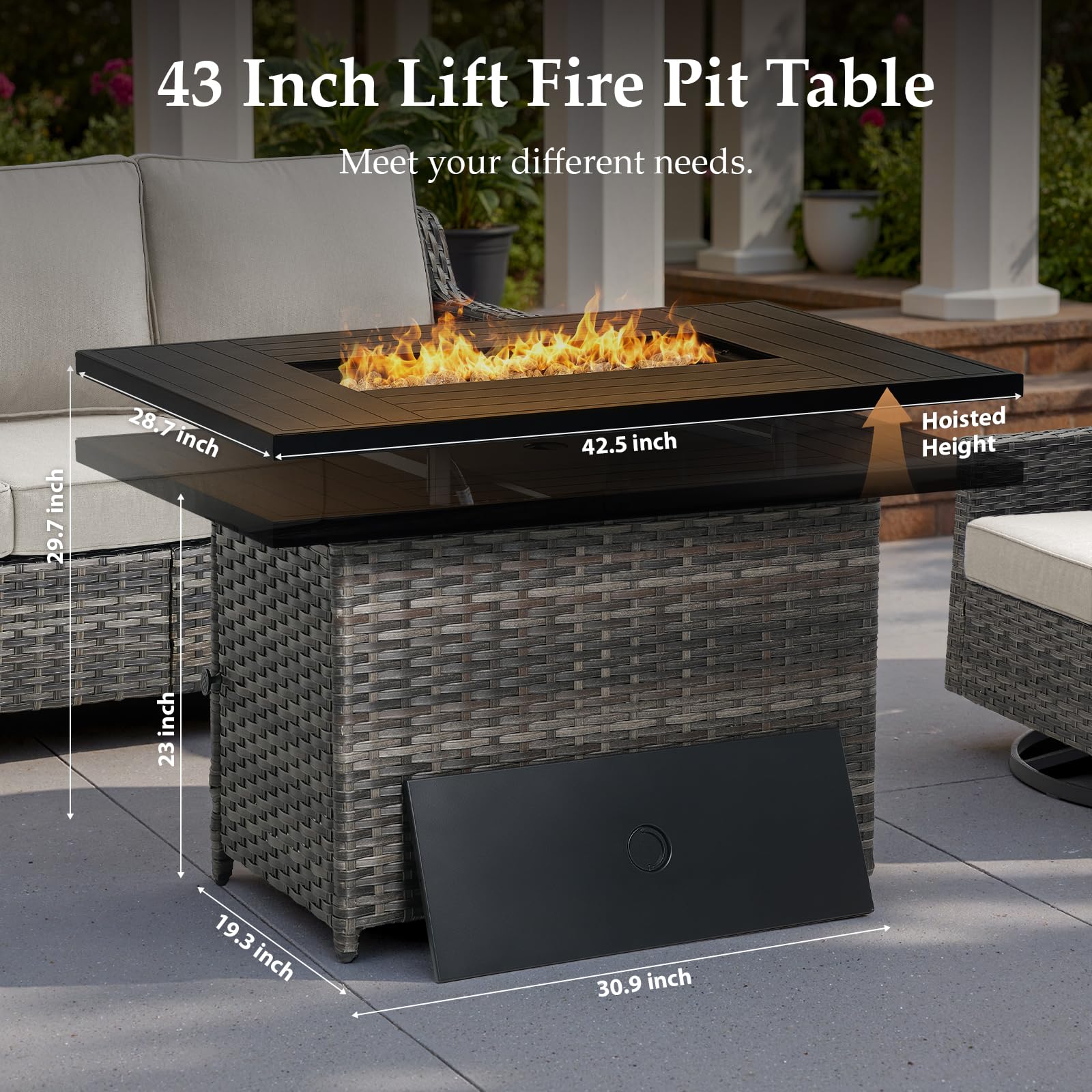 Patio Furniture Set with 42.5" Fire Pit Table-6 Pieces All Weather Wicker Outdoor Furniture with High Back Swivel Patio Chairs Set of 2 Outdoor Couch for Deck Balcony Backyard Beige/Gray