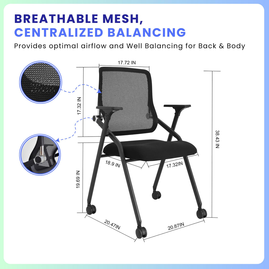 PRO, Stackable & Foldable Conference Room Chairs with 2X Thick Cushion, Lumbar Support, Armrest - Mesh Bouncing Back for Office Meeting, Conference, Training Room Chair 1 Pack