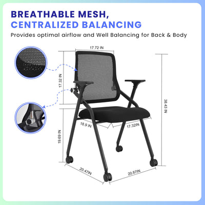 PRO, Stackable & Foldable Conference Room Chairs with 2X Thick Cushion, Lumbar Support, Armrest - Mesh Bouncing Back for Office Meeting, Conference, Training Room Chair 1 Pack