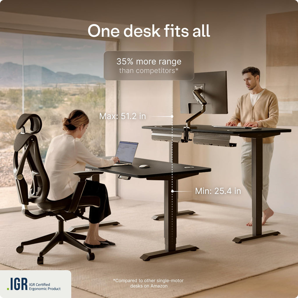 HomePro Standing Desk 54x28 — Made in Europe, Ergonomic Sit Stand Home Office Desk, Electric Height Adjustable, Dual Motor, USB & USB-C Charging, Wobble-Free, Touchscreen, 3 Memory Presets
