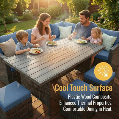 7 Piece Patio Furniture Set, High Curved Back Wicker Patio Sectional, All Weather Outdoor Dining Set, Outdoor Furniture Patio Conversation Set with Ottoman, Blue