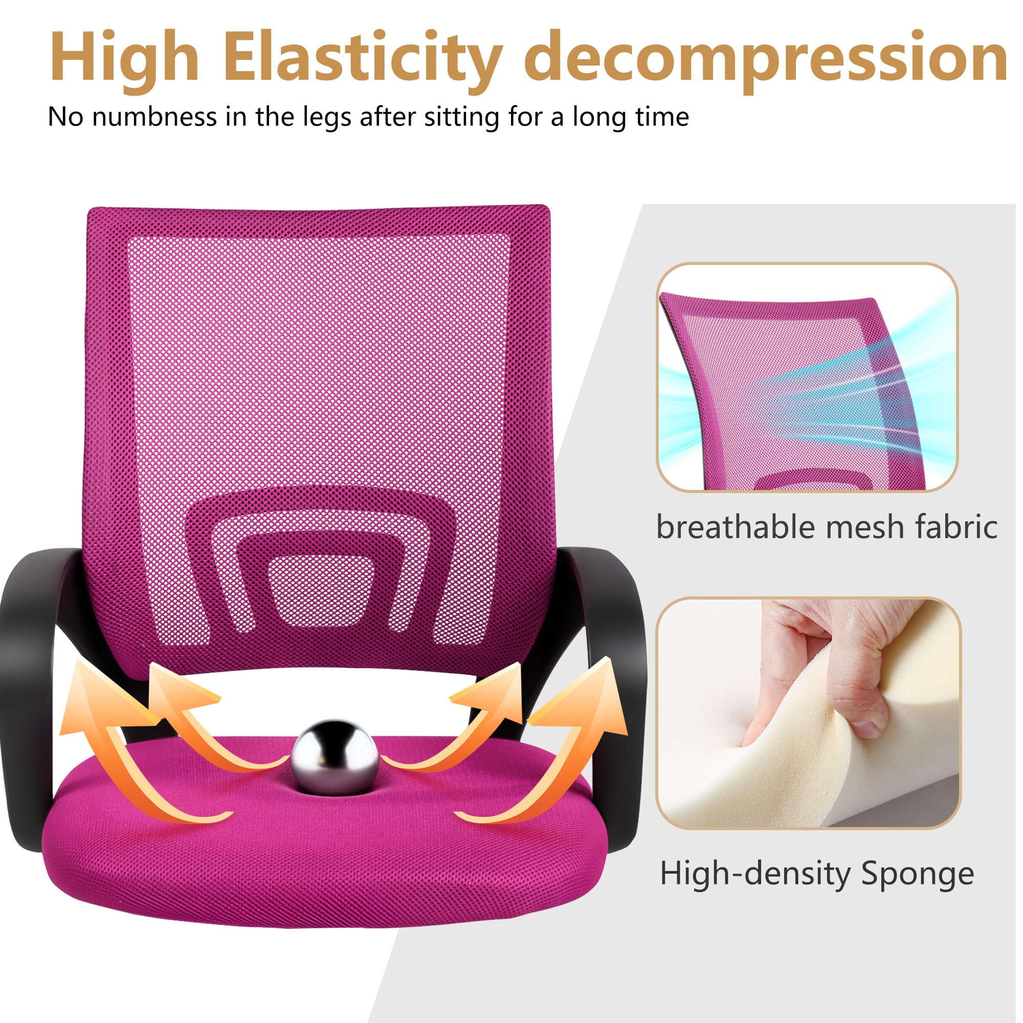 Ergonomic Office Chair | Mid-Back Swivel Desk Chair | Breathable Backrest & Lumbar Support | Adjustable Height | Sponge Seat | Rolling Wheels | Peach Pink | for Adults & Women