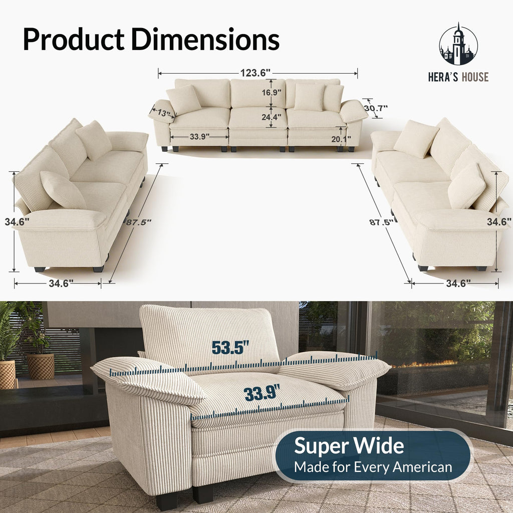 3 Pieces Modular Sectional Sofa Sets, Oversized Couch Set with Loveseats, Comfy Cloud Couches with Throw Pillows, 7-Seater Deep Seat Sofa for Living Room, Corduroy Beige