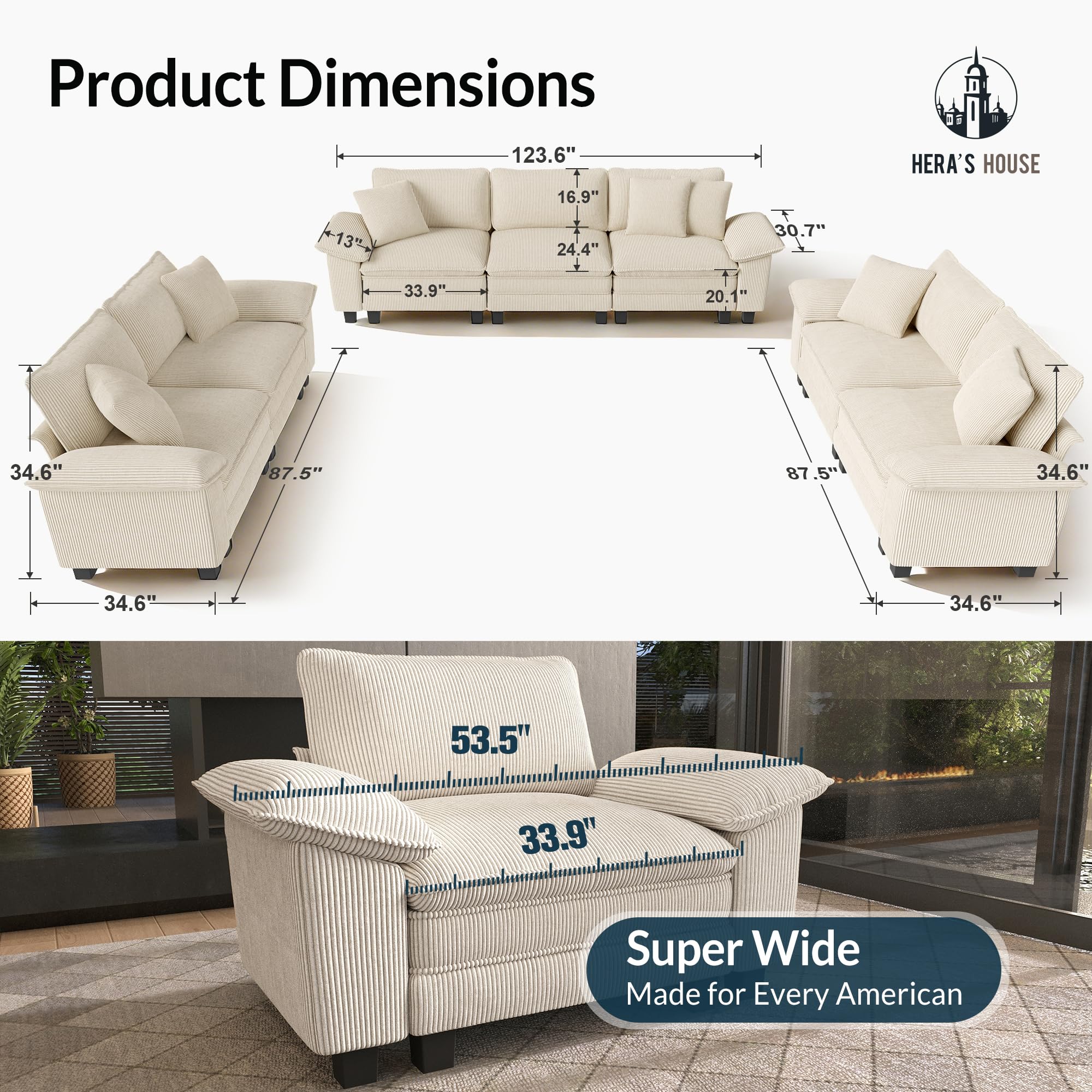 3 Pieces Modular Sectional Sofa Sets, Oversized Couch Set with Loveseats, Comfy Cloud Couches with Throw Pillows, 7-Seater Deep Seat Sofa for Living Room, Corduroy Beige