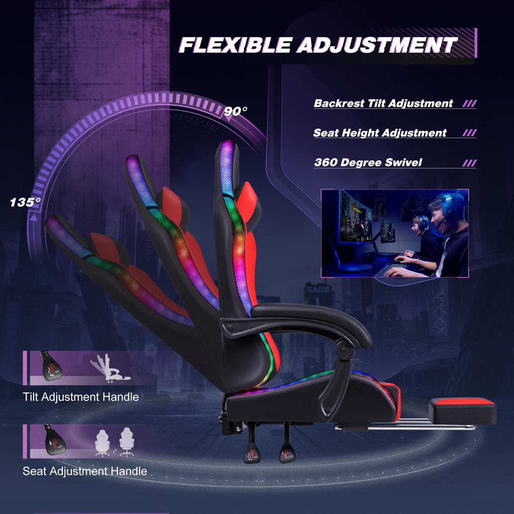 Gaming Chair, Video Game Chair with Footrest and Massage Lumbar Support, Ergonomic Computer Chair Height Adjustable with Swivel Seat and Headrest (RGB Red)