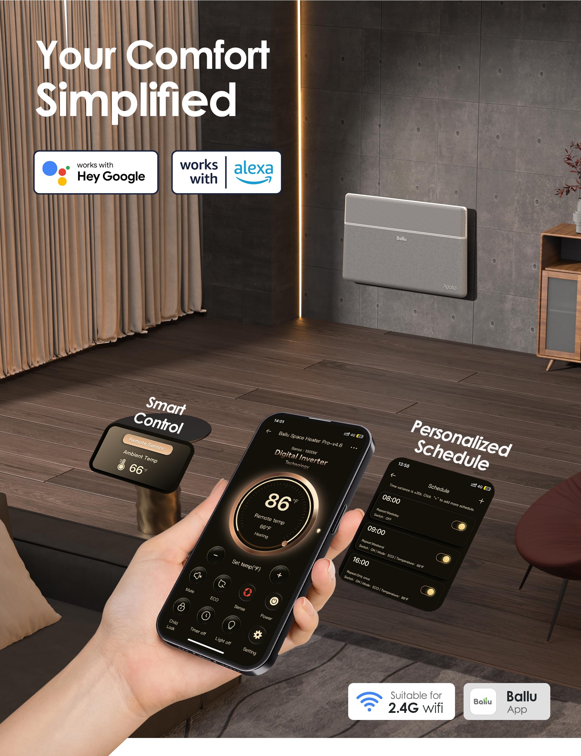 Convection Panel Space Heater for Large Room,Smart Quiet Heater Inverter Energy Efficient for Indoor Use