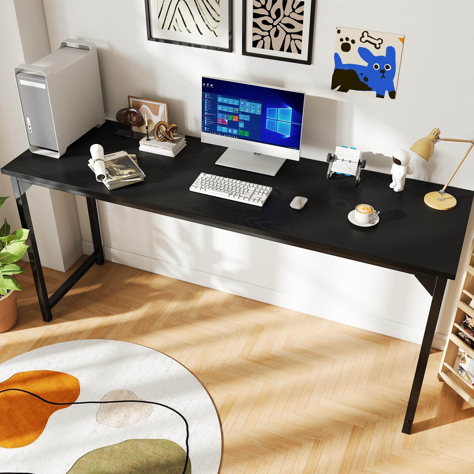 63 Inch Computer Desk Writing Gaming Study Work Large Desks for Bedroom Home Office with Metal Frame Simple Modern PC Compact Table Workstation, Wood Black